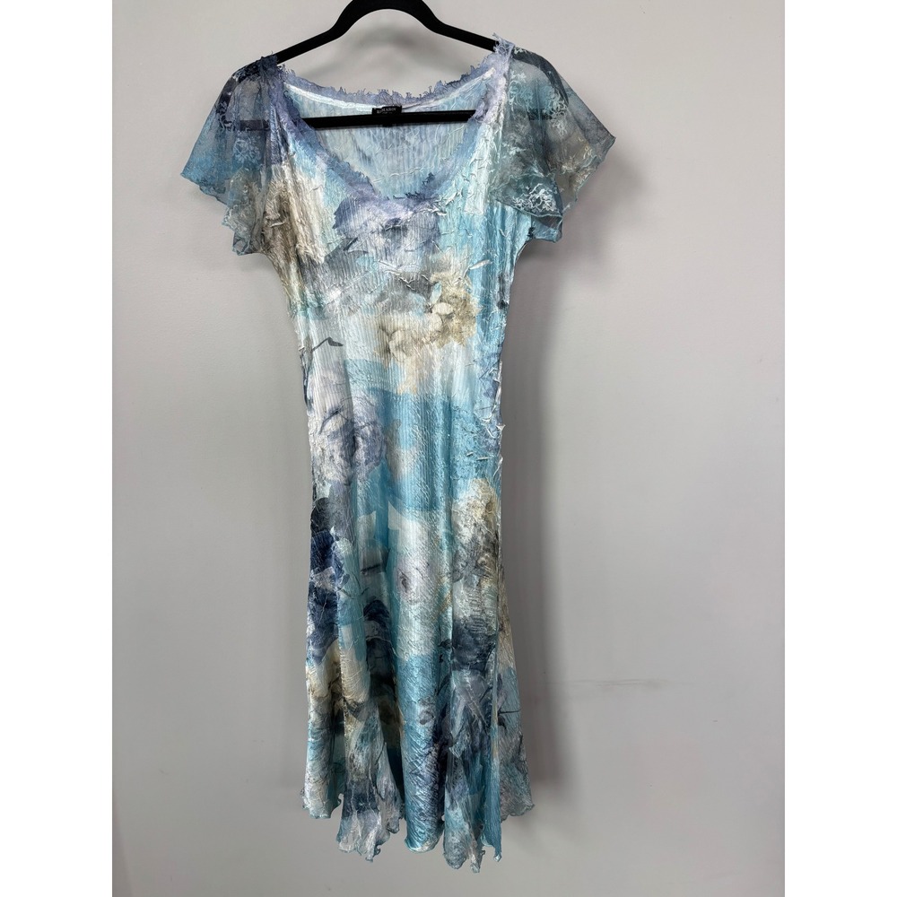 Komarov Blue Floral Crinkle Pleated Lace V-Neck Midi Dress Womens Medium